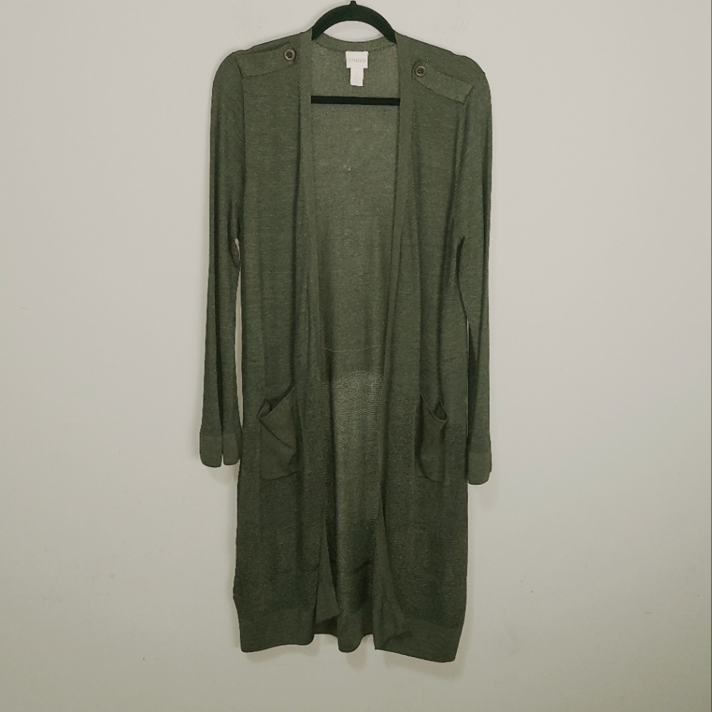 Chicos Open Front Cardigan Size 2 Olive Green Knit Shimmery Lightweight Duster